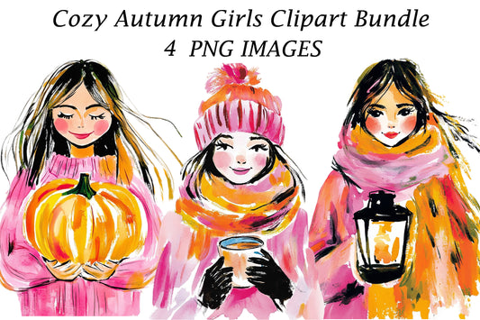Cozy Autumn Girls Clipart Bundle | Watercolor Fall Girls PNG