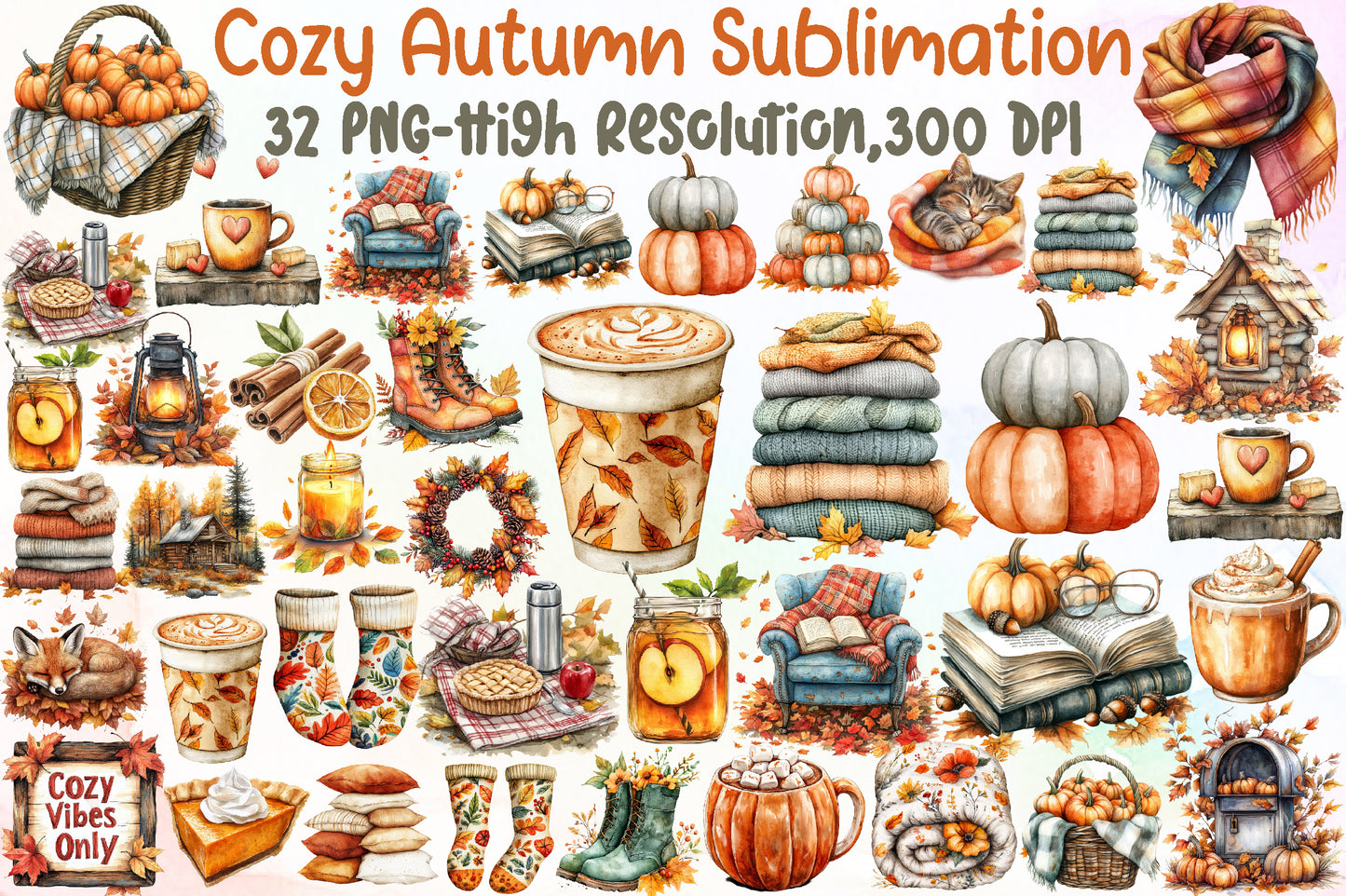 Cozy Autumn Sublimation PNG Bundle Fall Clipart Collection