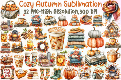 Cozy Autumn Sublimation PNG Bundle Fall Clipart Collection