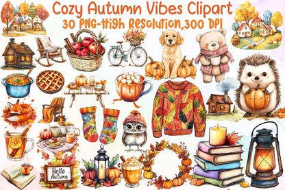 Cozy Autumn Vibes PNG Bundle Fall Clipart Collection