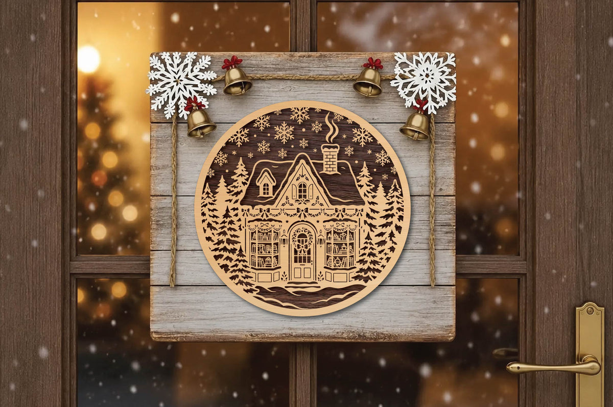 Cozy Christmas Bookstore Laser Cut SVG, Winter Bookshop Christmas Ornament Cut File