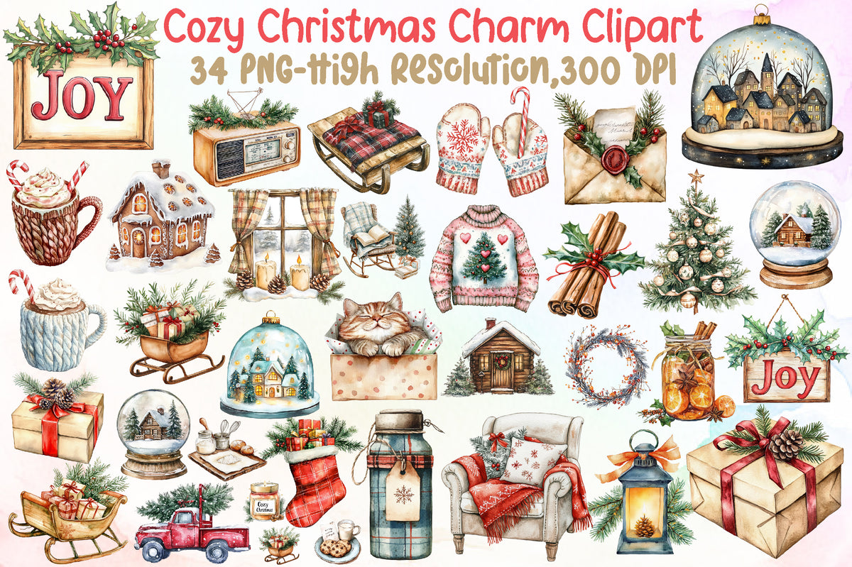 Cozy Christmas Charm Sublimation Clipart PNG Bundle Commercial Use