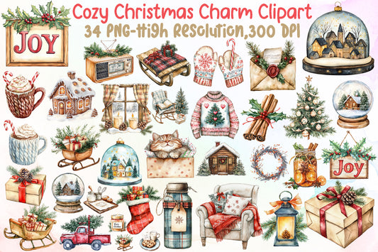 Cozy Christmas Charm Sublimation Clipart PNG Bundle Commercial Use