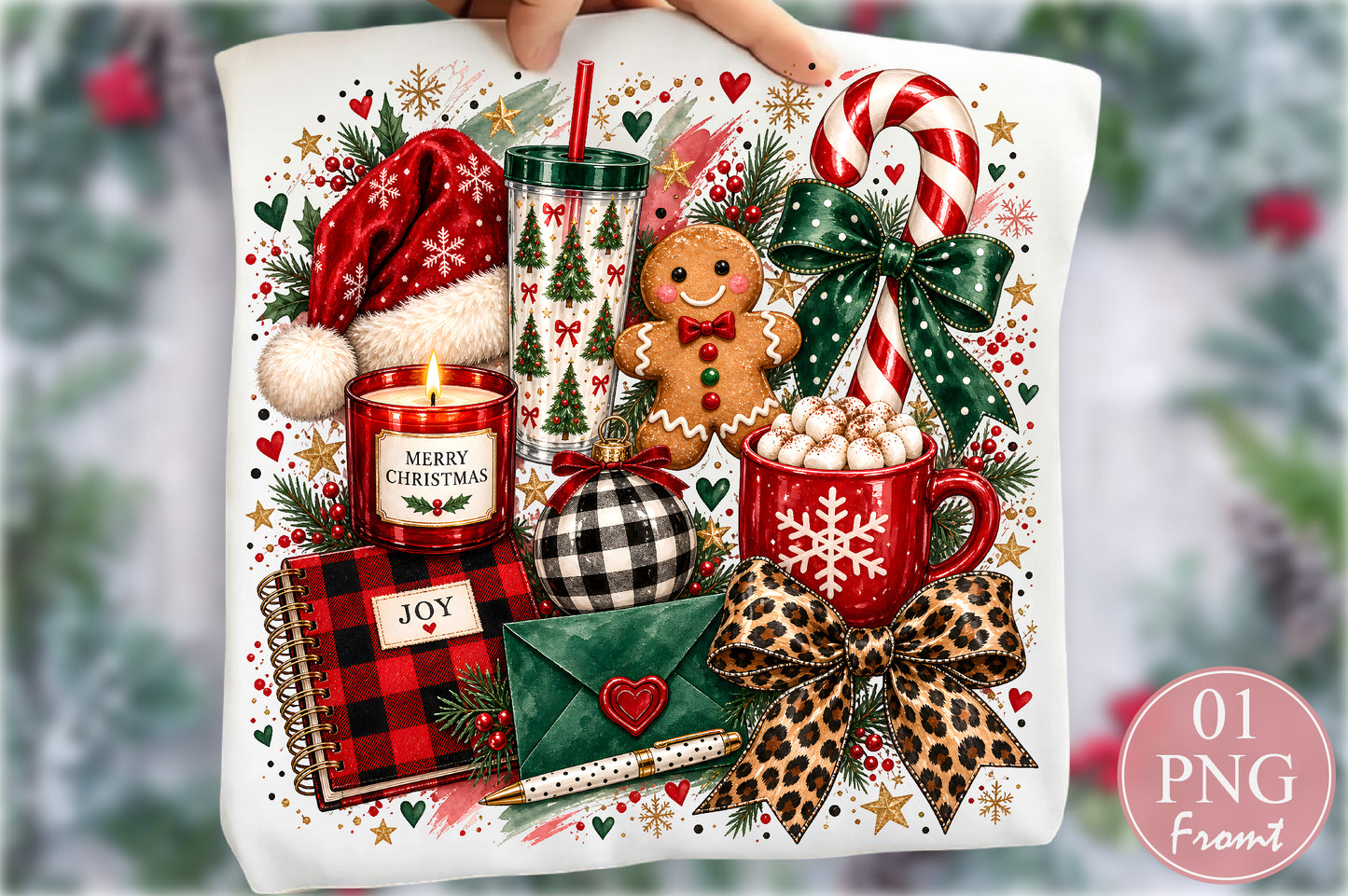 Cozy Christmas Essentials PNG Santa Candle Gingerbread Candy Cane Sublimation