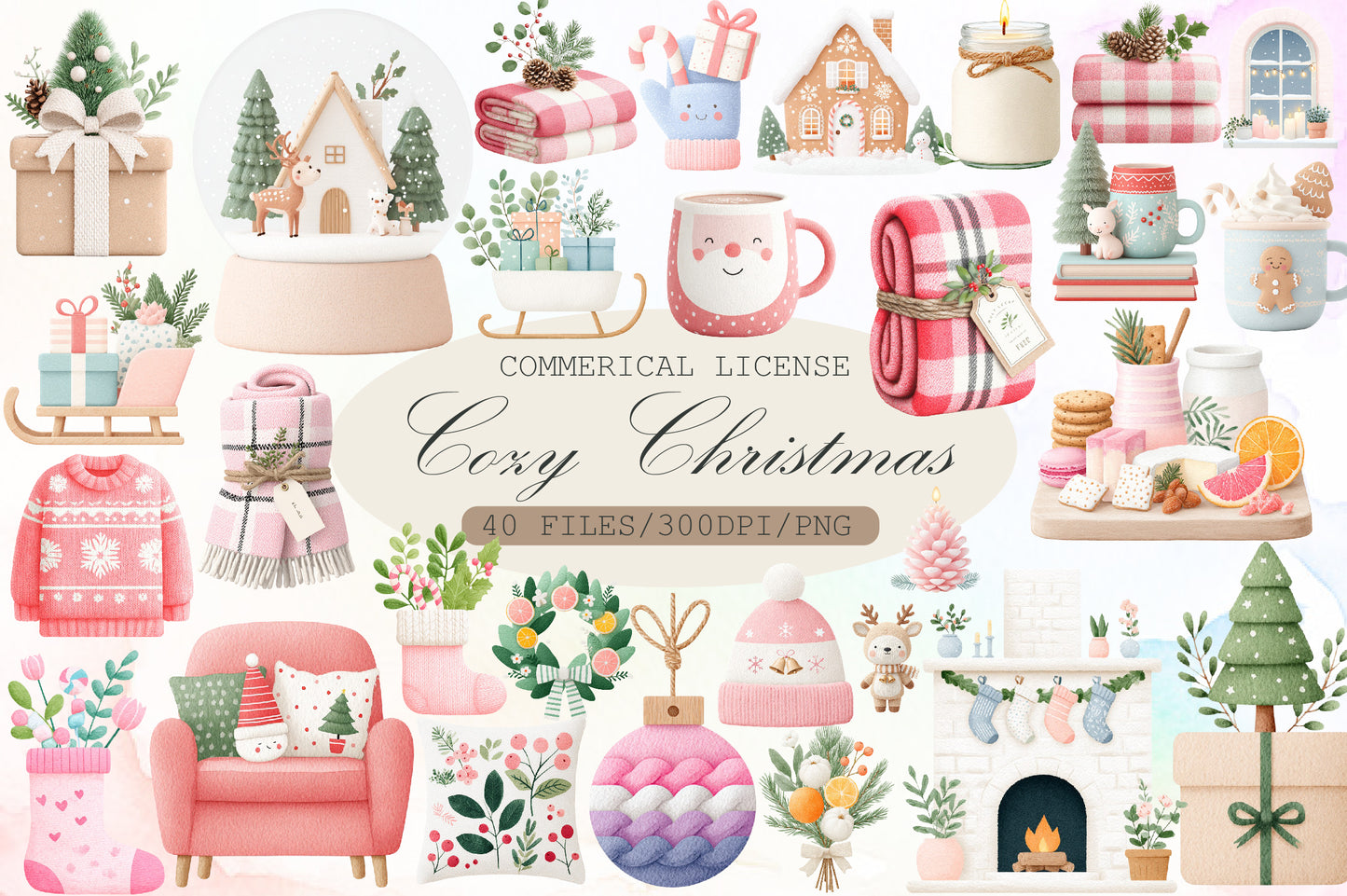 Cozy Christmas Watercolor Clipart PNG Bundle