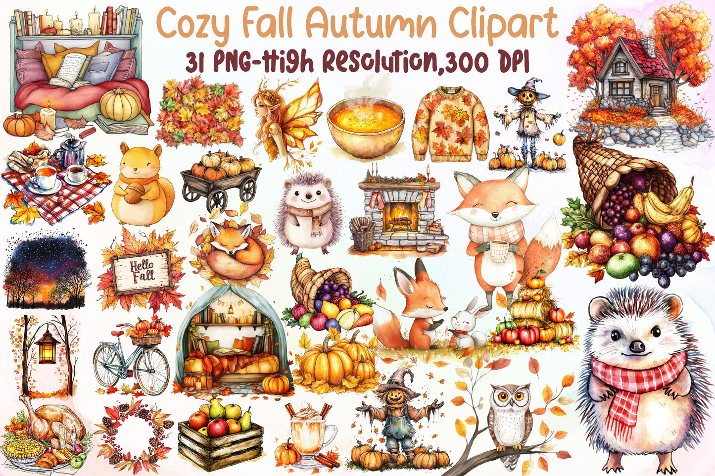 Cozy Fall Autumn PNG Bundle Cute Seasonal Clipart