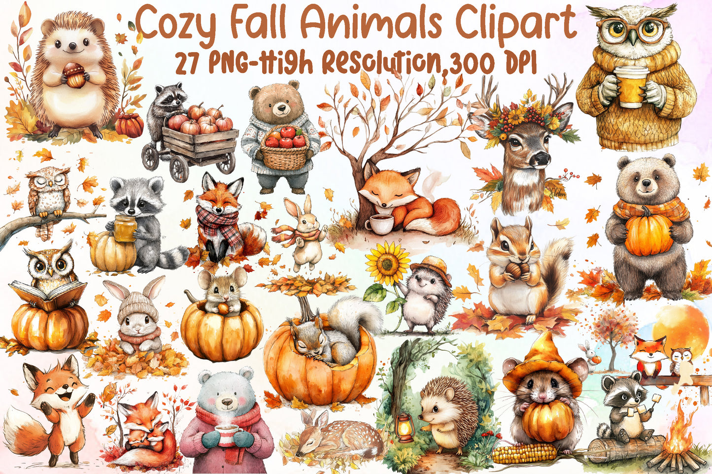 Cozy Fall Animals PNG Bundle Cute Autumn Clipart