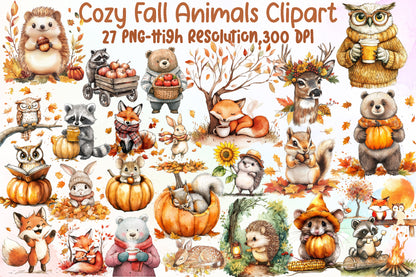 Cozy Fall Animals PNG Bundle Cute Autumn Clipart