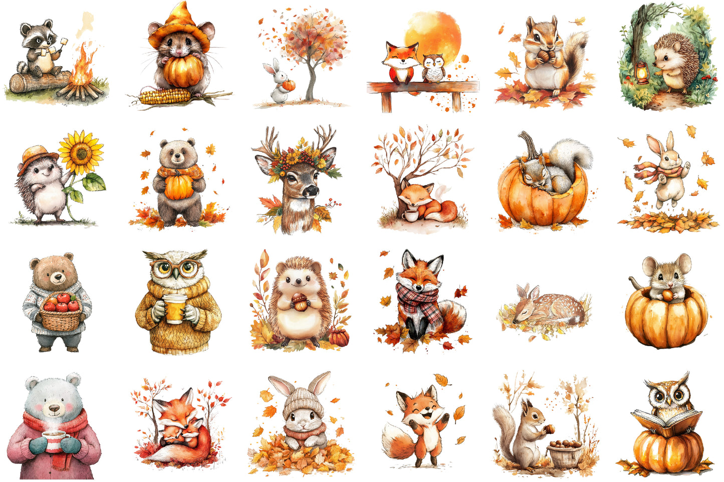 Cozy Fall Animals PNG Bundle Cute Autumn Clipart