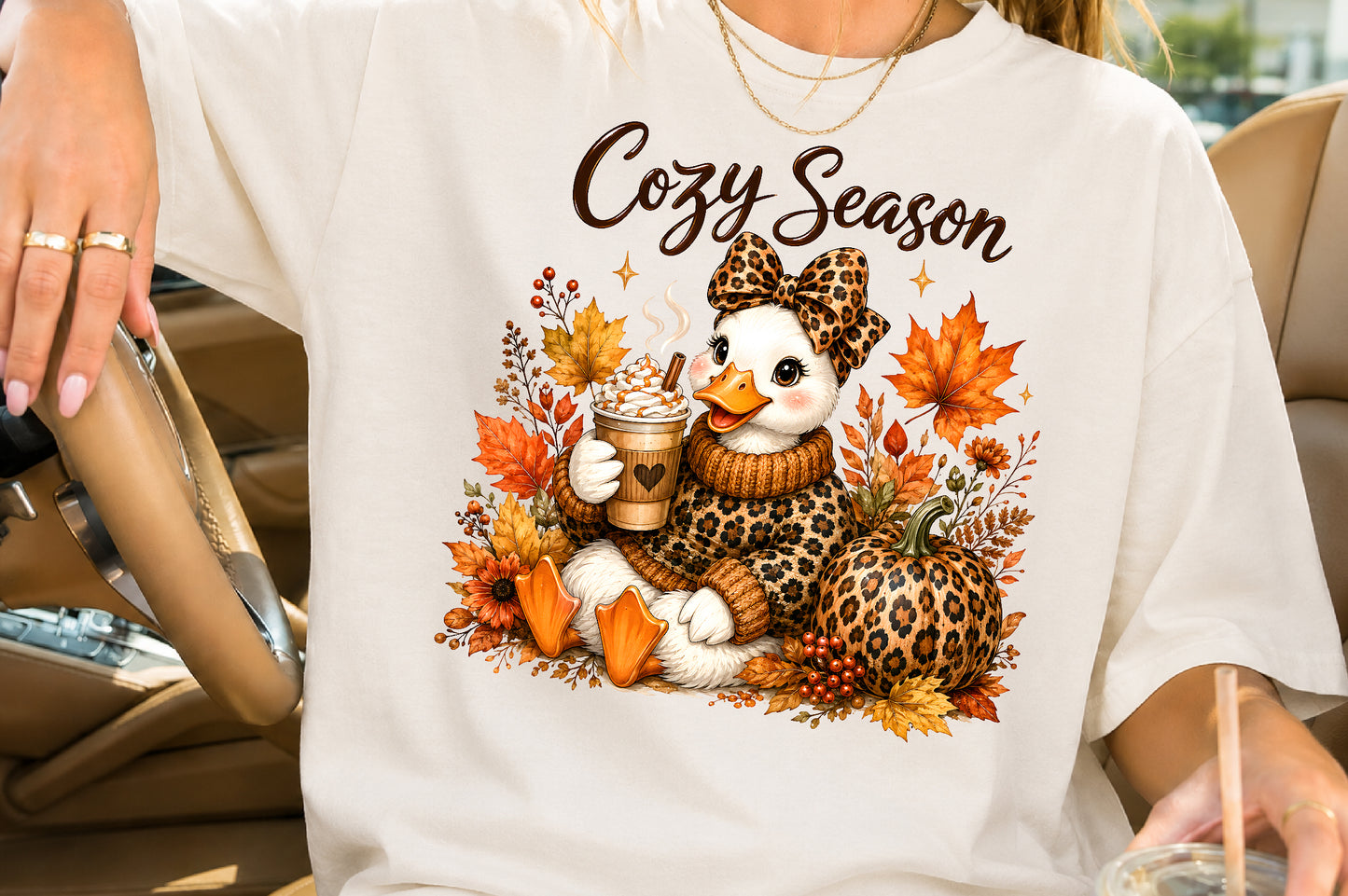 Cozy Season Duck PNG Leopard Print Autumn Sublimation Design