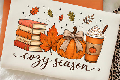 Cozy Season Fall PNG Bookish Pumpkin Coffee Autumn Sublimation