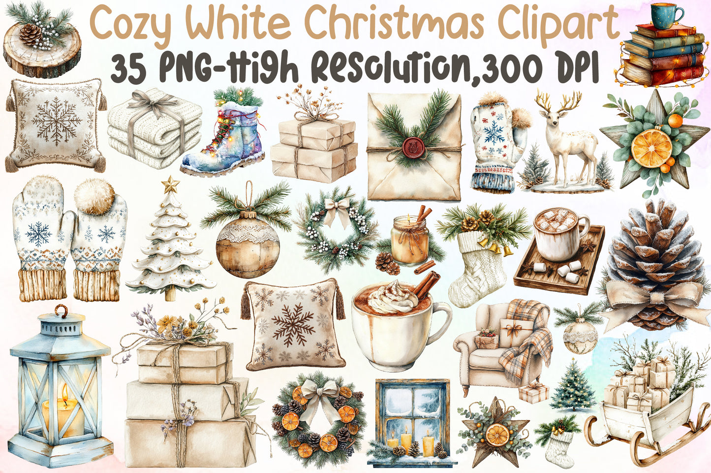 Cozy White Christmas Clipart PNG Bundle Commercial Use