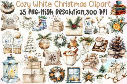 Cozy White Christmas Clipart PNG Bundle Commercial Use