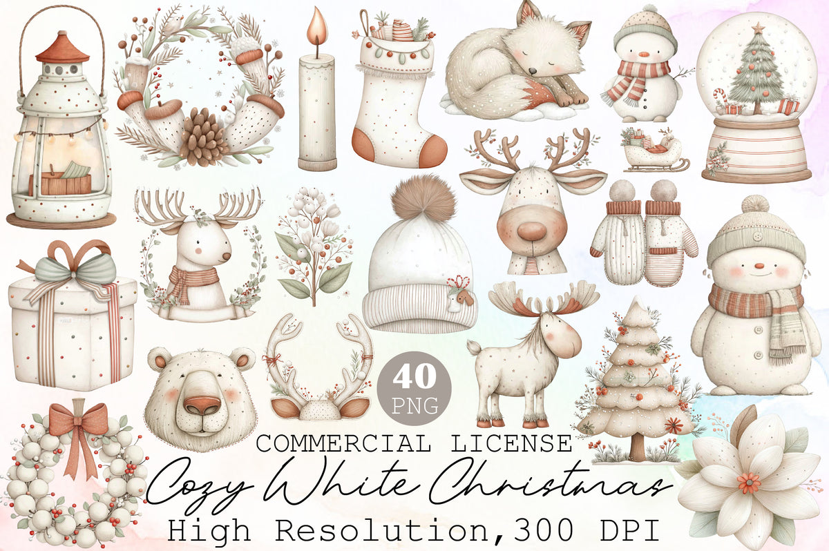 Cozy White Christmas Watercolor Clipart PNG Bundle
