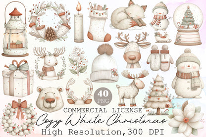 Cozy White Christmas Watercolor Clipart PNG Bundle