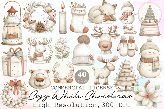 Cozy White Christmas Watercolor Clipart PNG Bundle