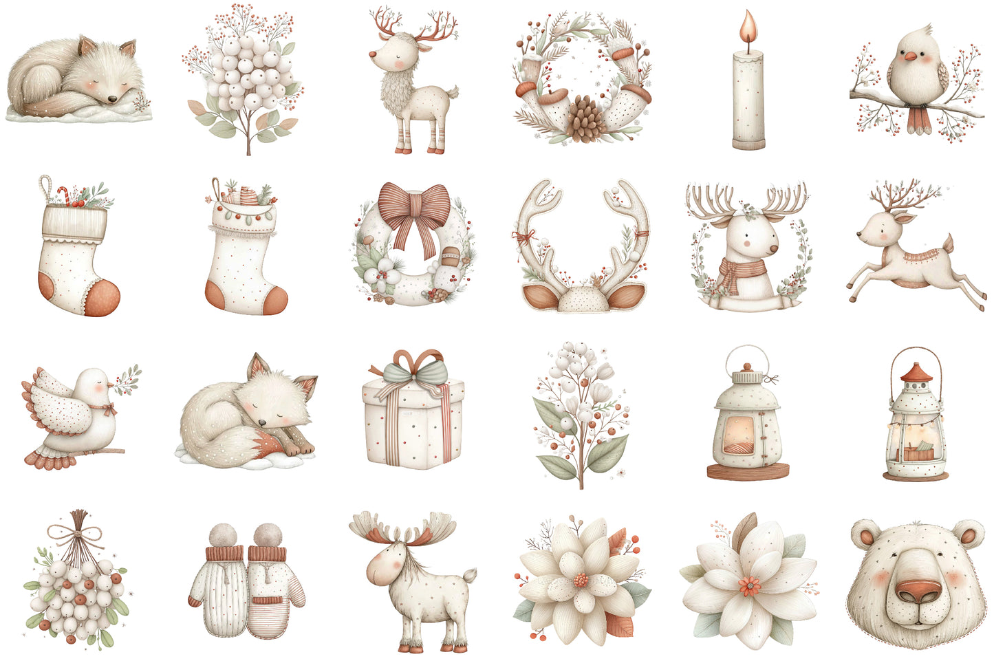 Cozy White Christmas Watercolor Clipart PNG Bundle