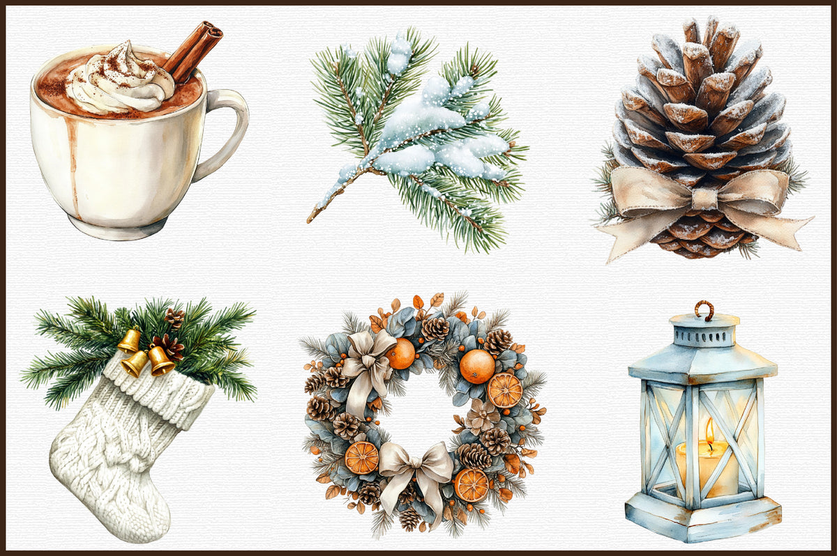 Cozy White Christmas Clipart PNG Bundle Commercial Use