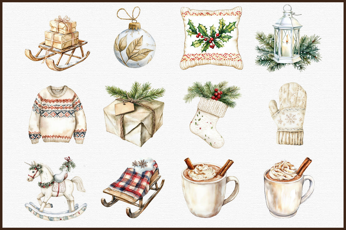 Cozy White Christmas Clipart PNG Bundle Commercial Use