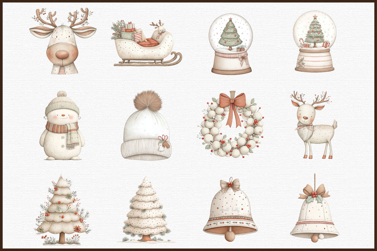 Cozy White Christmas Watercolor Clipart PNG Bundle