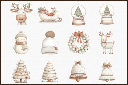Cozy White Christmas Watercolor Clipart PNG Bundle