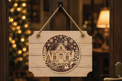 Cozy Winter House Laser Cut SVG, Christmas Cottage Snowy Home Ornament Cut File