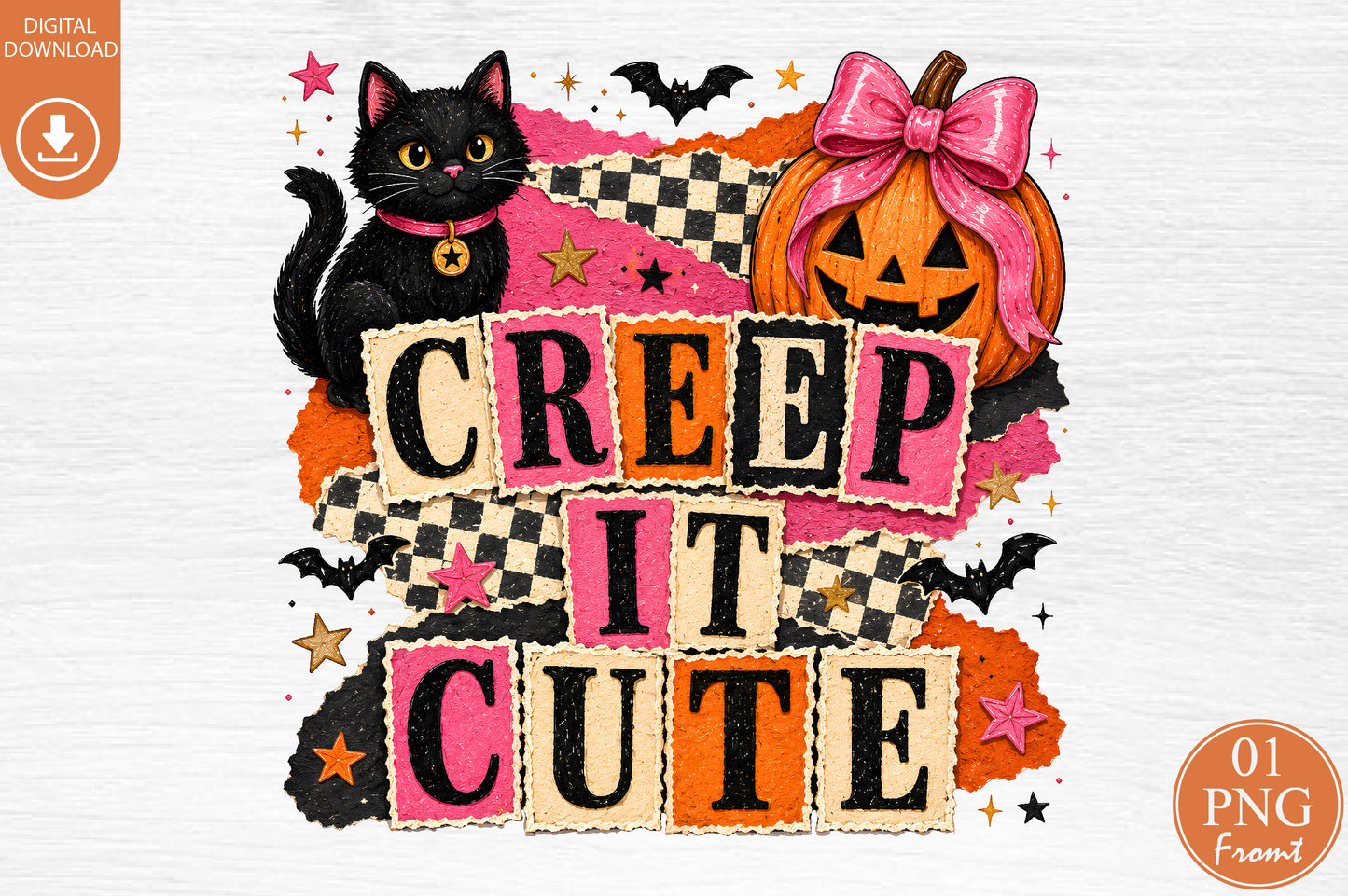 Creep It Cute Halloween PNG Black Cat Pumpkin Sublimation Design