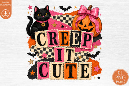 Creep It Cute Halloween PNG Black Cat Pumpkin Sublimation Design