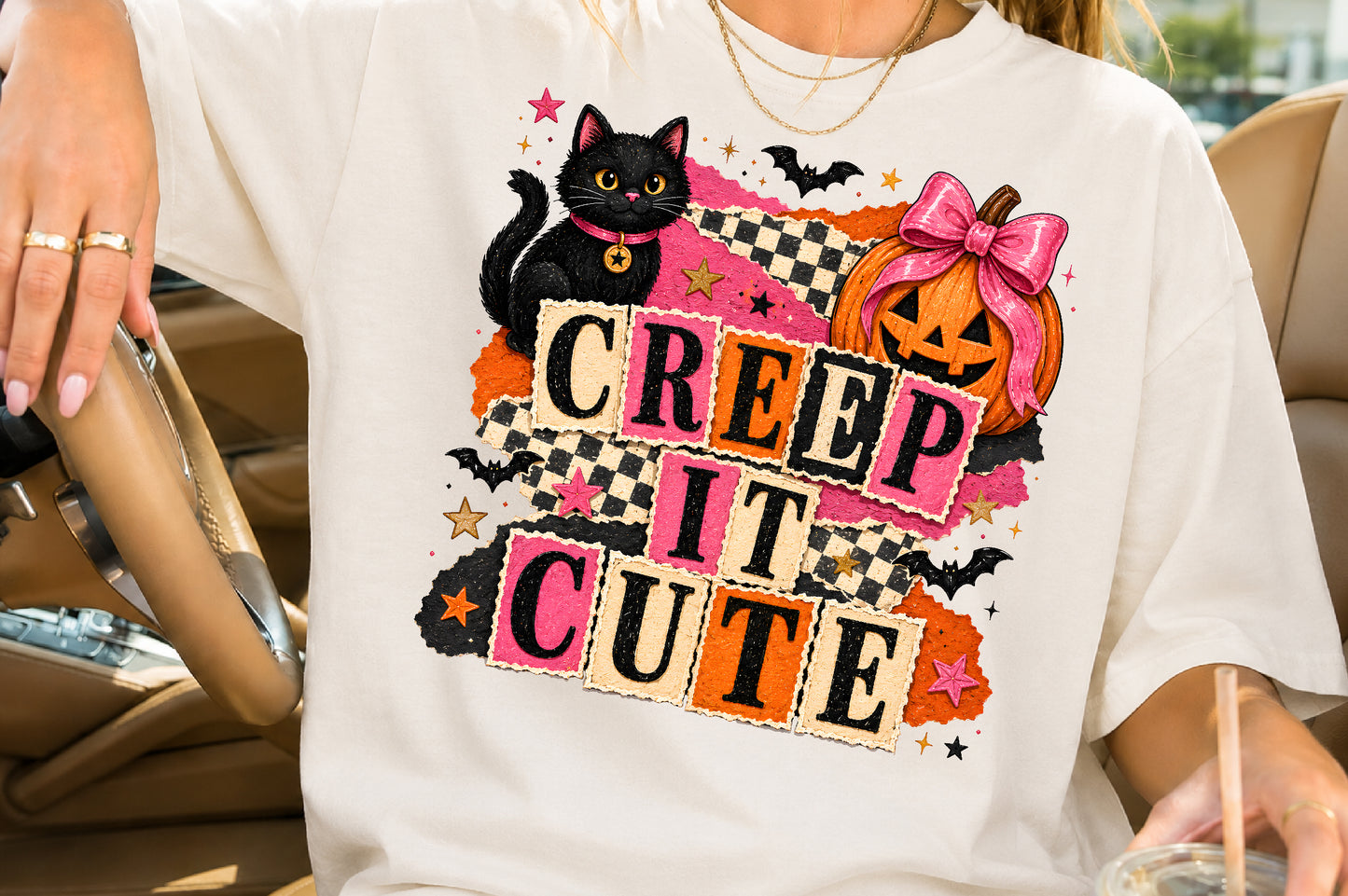 Creep It Cute Halloween PNG Black Cat Pumpkin Sublimation Design