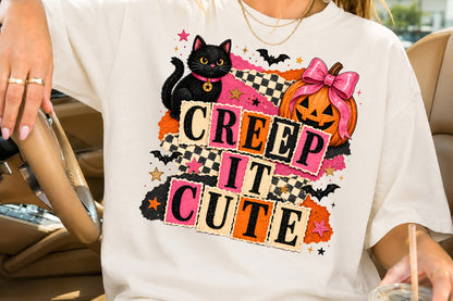 Creep It Cute Halloween PNG Black Cat Pumpkin Sublimation Design