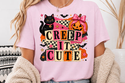 Creep It Cute Halloween PNG Black Cat Pumpkin Sublimation Design