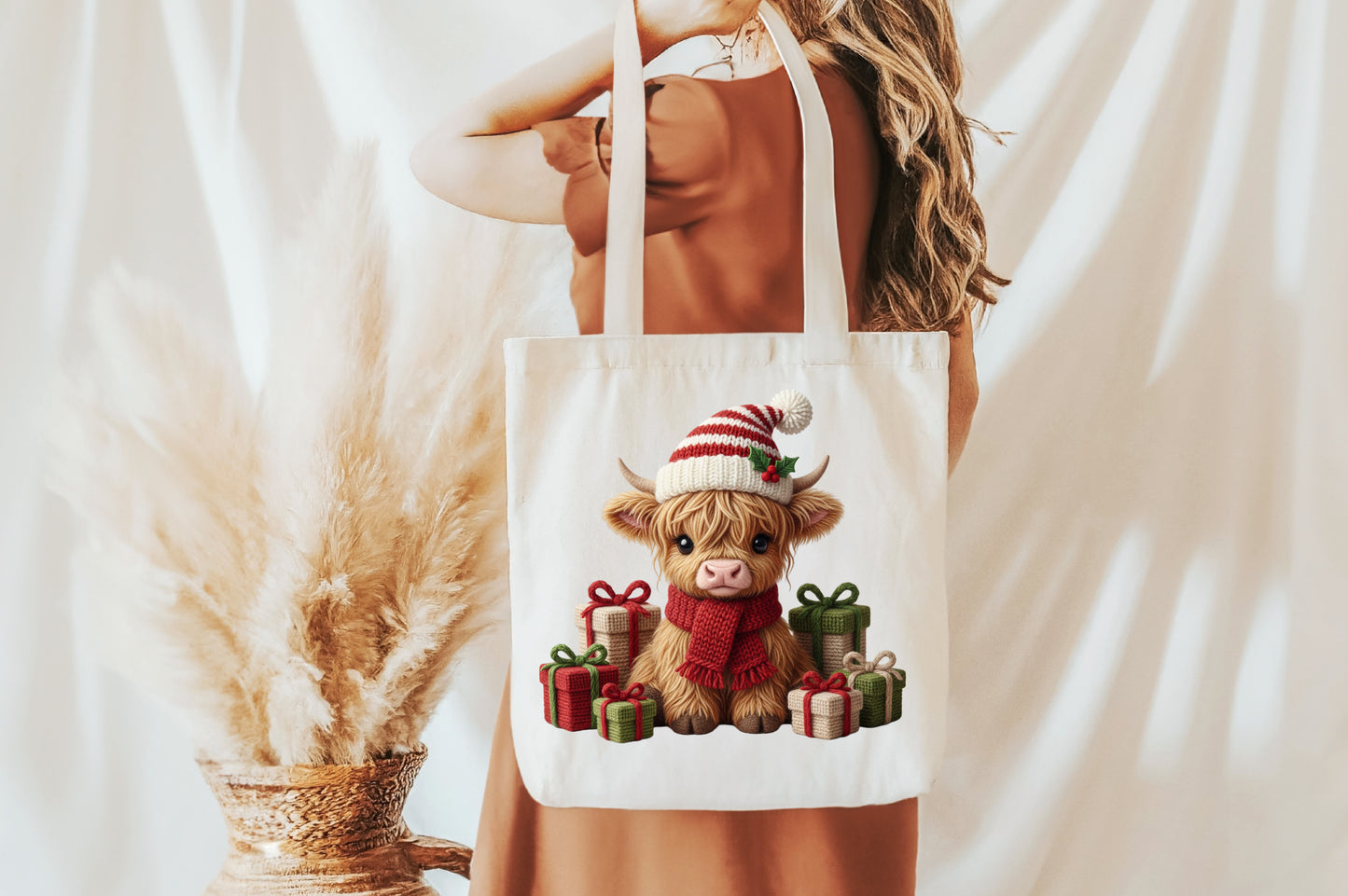 Crochet Western Highland Cow Christmas PNG Sublimation