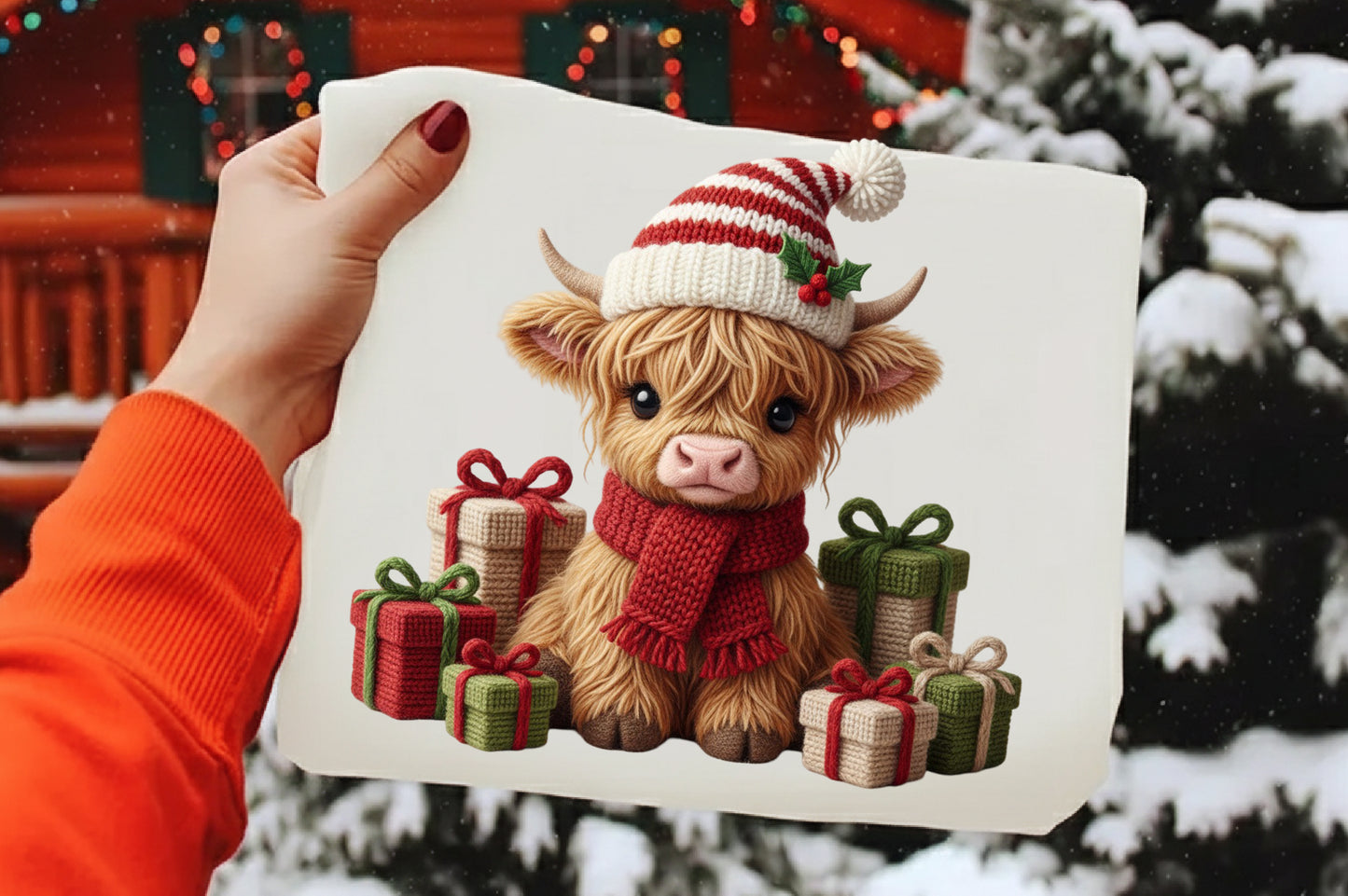 Crochet Western Highland Cow Christmas PNG Sublimation