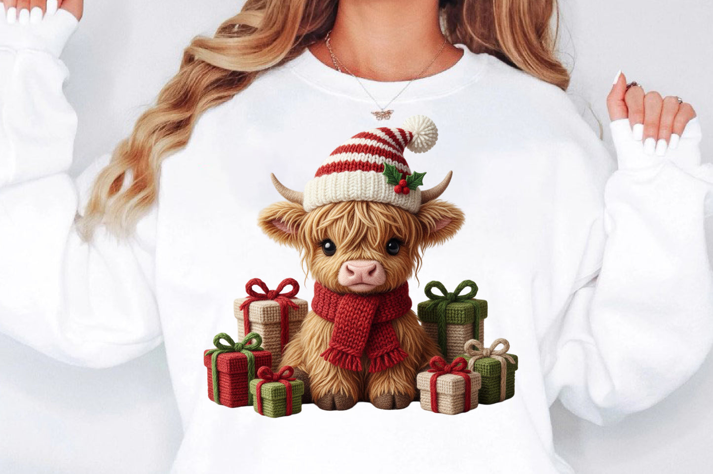 Crochet Western Highland Cow Christmas PNG Sublimation