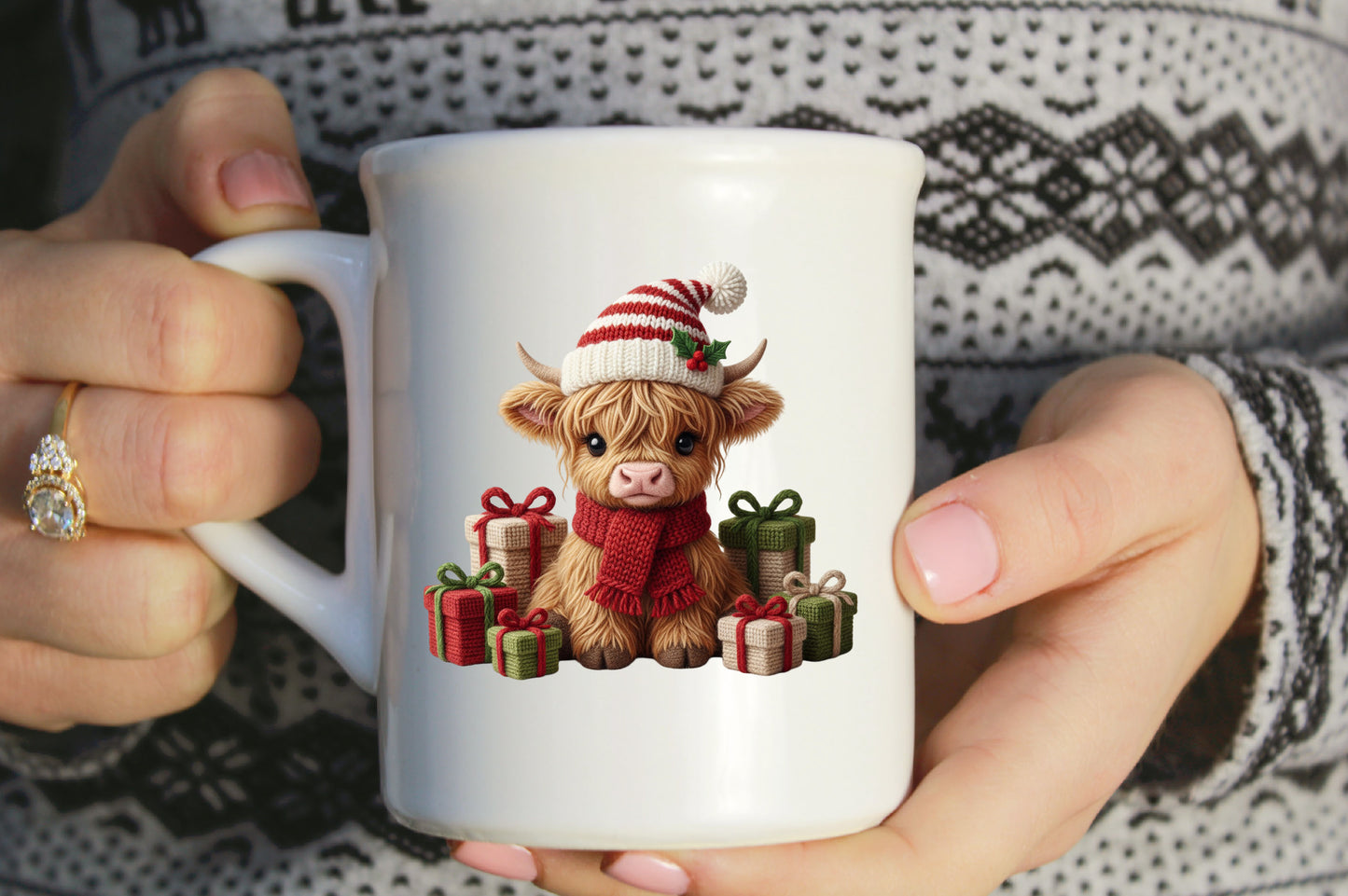 Crochet Western Highland Cow Christmas PNG Sublimation