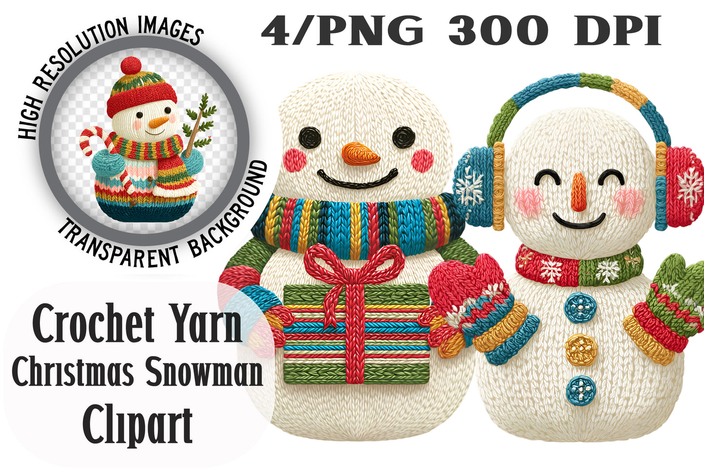Crochet Yarn Christmas Snowman Clipart PNG Bundle | Cozy Watercolor Knitting Snowman Clipart