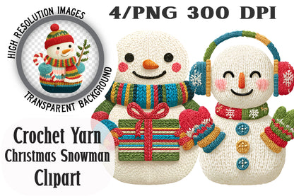 Crochet Yarn Christmas Snowman Clipart PNG Bundle | Cozy Watercolor Knitting Snowman Clipart