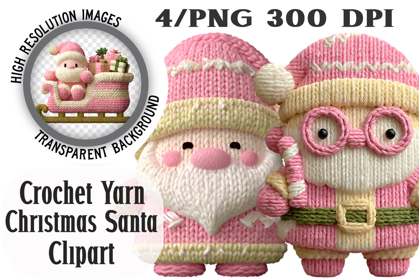 Crochet Yarn Christmas Santa Clipart PNG Bundle | Cozy Watercolor Knitting Santa Clipart