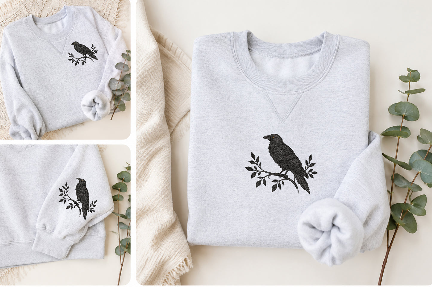 Crow Embroidery Design – Beautiful Crow Bird Machine Embroidery Pattern, Gothic Woodland & Nature Embroidery Design