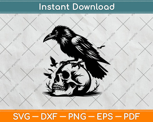 Crow on a Skull Gift Raven Skull Svg Digital Cutting File