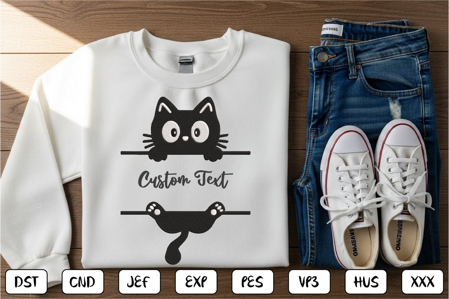 Custom Peeking Cat Embroidery Design – Cute Cat Machine Embroidery Pattern, Funny Peeking Kitty Embroidery Design