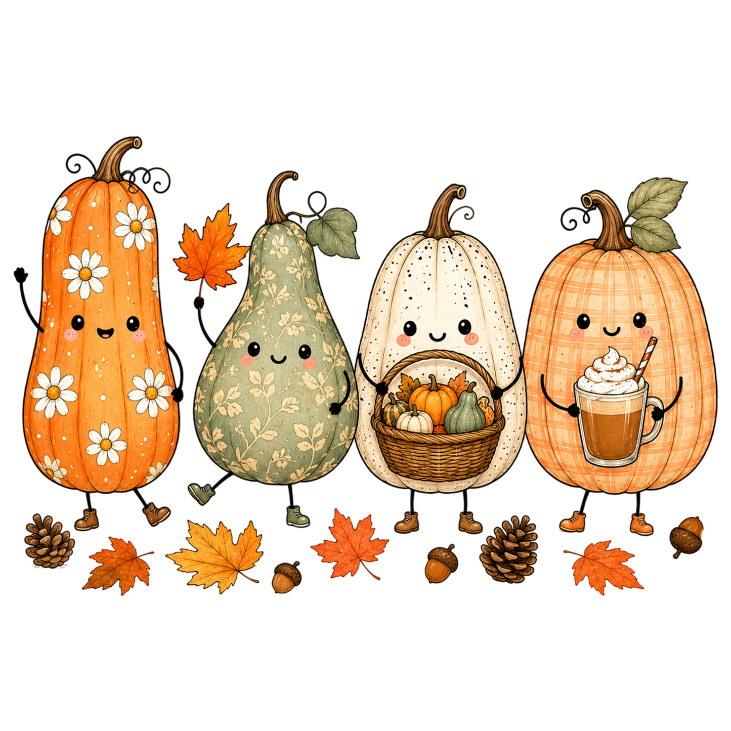 Cute Autumn Pumpkin Characters PNG Fall Pumpkin Sublimation Clipart