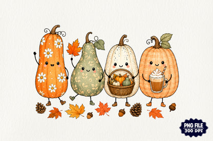 Cute Autumn Pumpkin Characters PNG Fall Pumpkin Sublimation Clipart