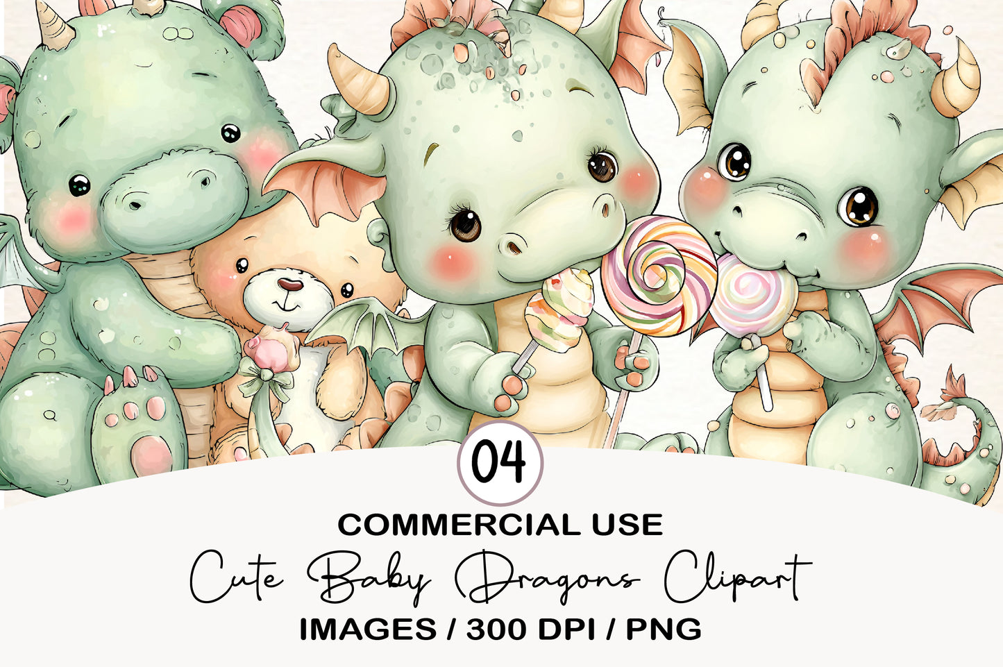Cute Baby Dragons Clipart PNG Bundle | Adorable Watercolor Fantasy Dragon Clipart