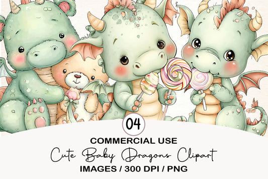 Cute Baby Dragons Clipart PNG Bundle | Adorable Watercolor Fantasy Dragon Clipart