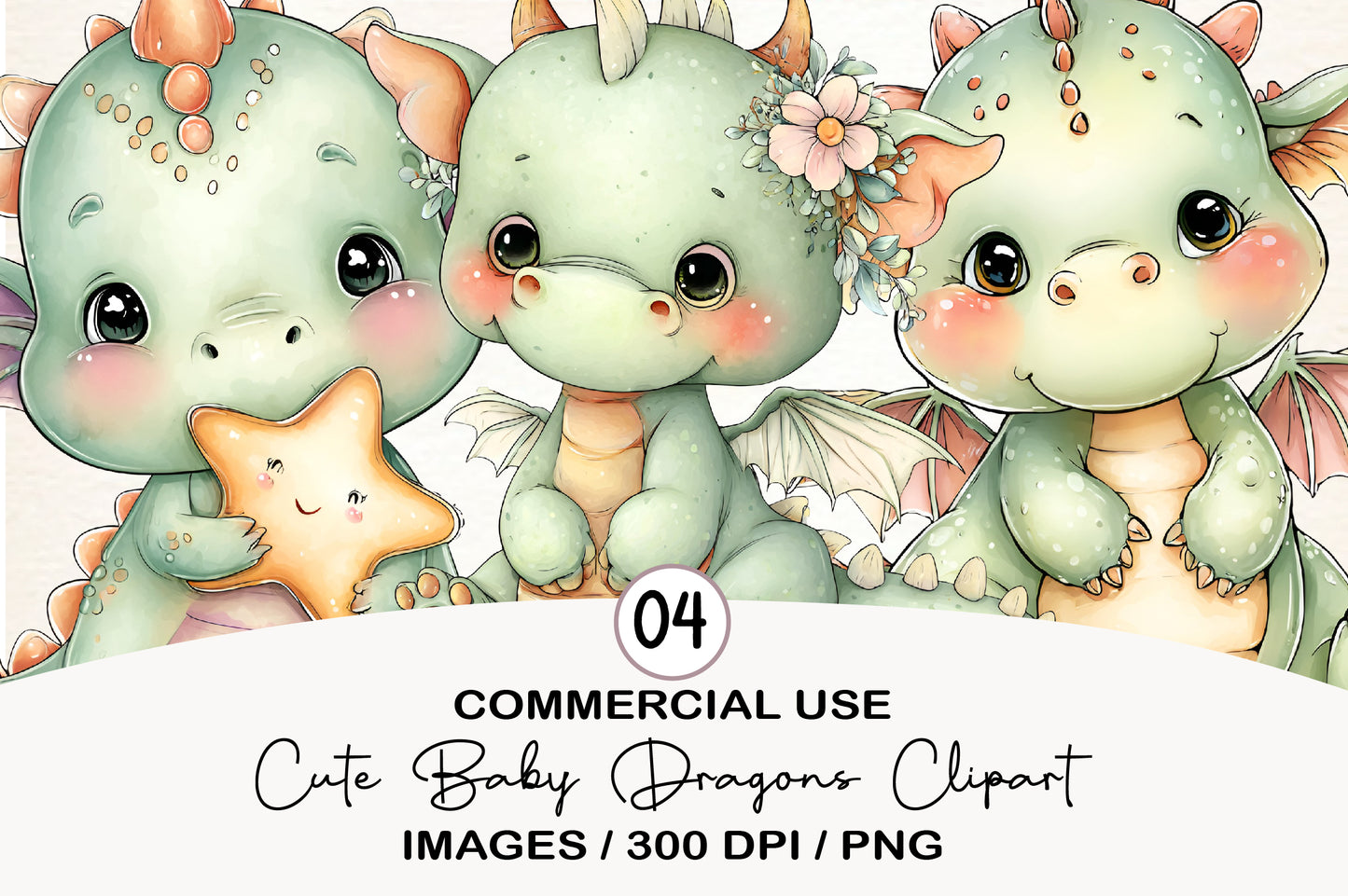 Cute Baby Dragons Clipart PNG Bundle | Adorable Watercolor Fantasy Dragon PNG