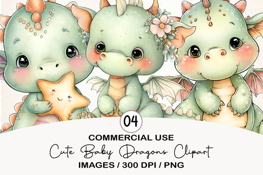 Cute Baby Dragons Clipart PNG Bundle | Adorable Watercolor Fantasy Dragon PNG