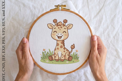 Cute Baby Giraffe Smiling Embroidery Design – Adorable Giraffe Machine Embroidery Pattern, Cute Safari Animal Embroidery Design