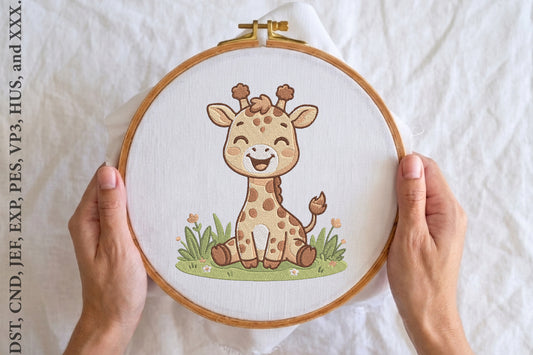 Cute Baby Giraffe Smiling Embroidery Design – Adorable Giraffe Machine Embroidery Pattern, Cute Safari Animal Embroidery Design