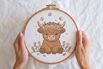 Cute Baby Highland Cow Embroidery Design – Adorable Highland Cow Machine Embroidery Pattern, Farm Animal Embroidery Design